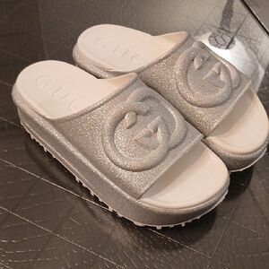 Gucci Miami Silver Glitter Interlocking G Platform Slides with Embossed GG
